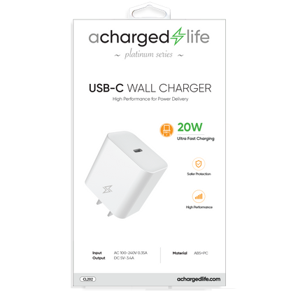 CL202 - A Charged Life Wall Charger 20W Single USB-C Port White