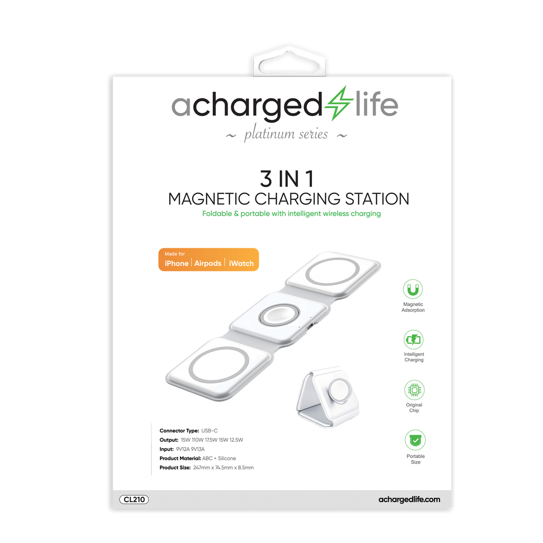 CL210 - A Charged Life iPhone, iWatch, EarPods Tri-fold Charger