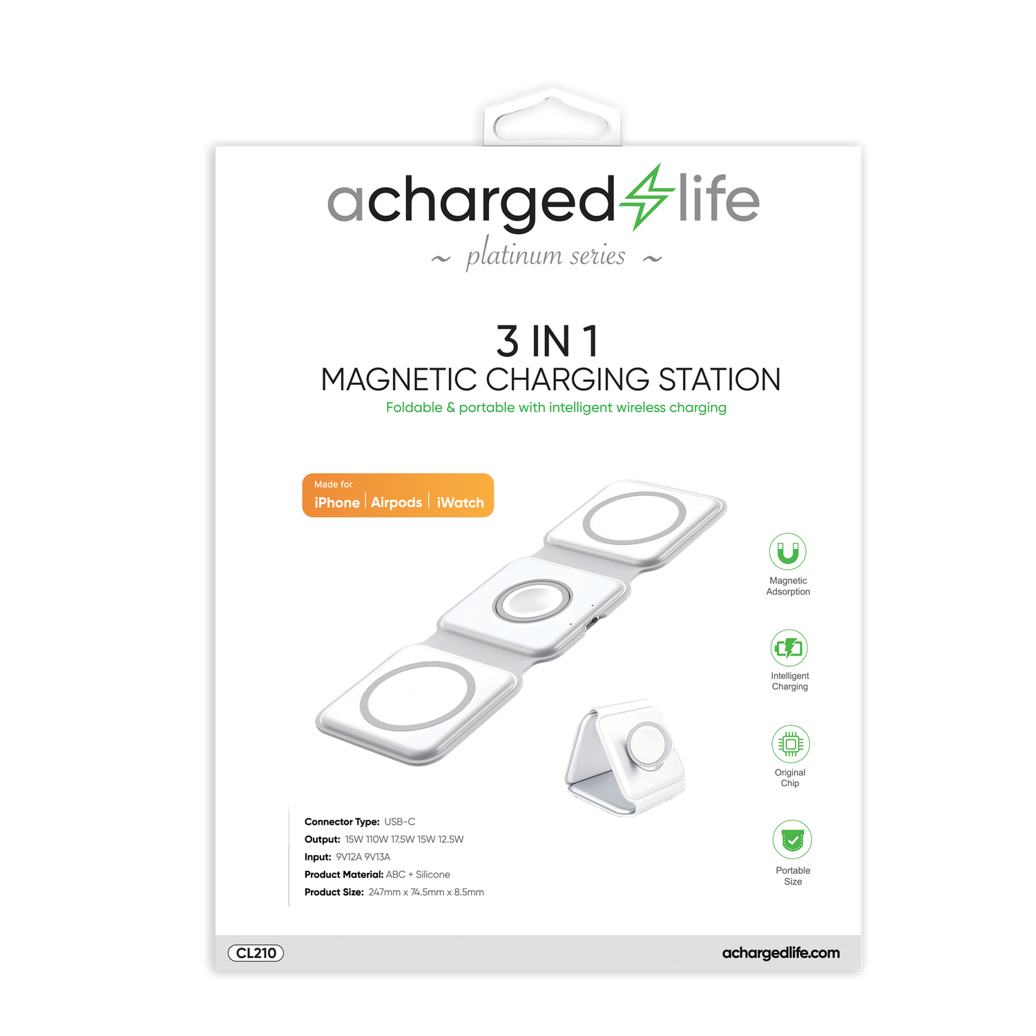 CL210 - A Charged Life iPhone, iWatch, EarPods Tri-fold Charger
