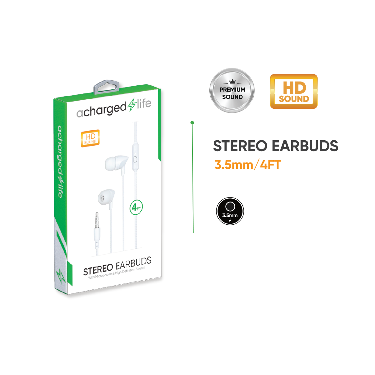 Earbuds Stereo w/Built-in Mic 4Ft White