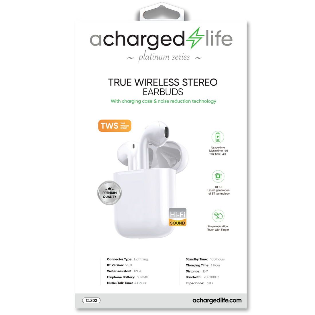 CL302 - A Charged Life TWS Water-Resistant Earphones White