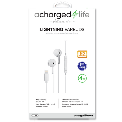 CL305 - A Charged Life Earbuds Wired Lightning w/Built-in Mic 4Ft White