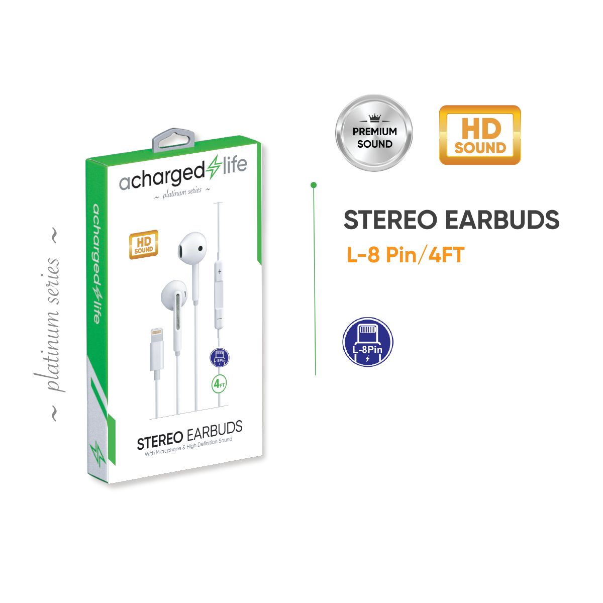 Earbuds Wired Lightning w/Built-in Mic 4Ft (MFI) White