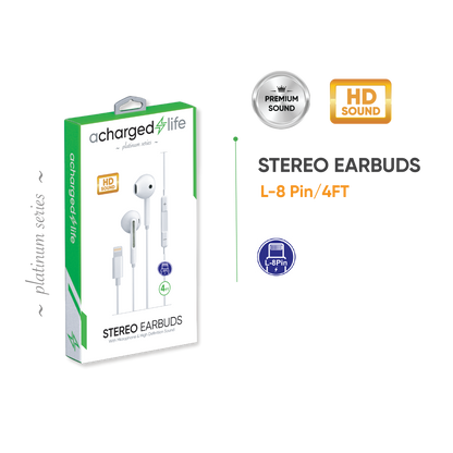 CL305 - A Charged Life Earbuds Wired Lightning w/Built-in Mic 4Ft White