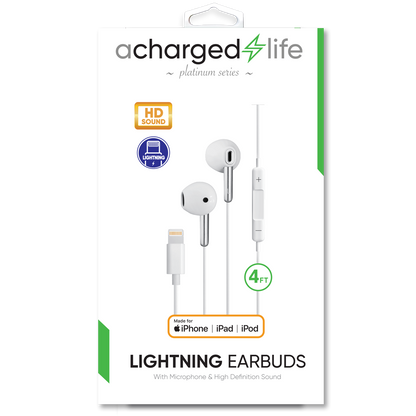 CL305 - A Charged Life Earbuds Wired Lightning w/Built-in Mic 4Ft White
