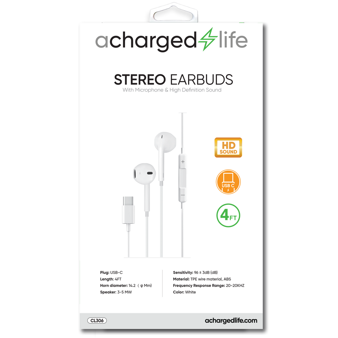 CL306 - A Charged Life Earbuds Wired USB-C w/Built-in Mic 4Ft White