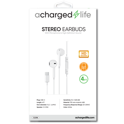 CL306 - A Charged Life Earbuds Wired USB-C w/Built-in Mic 4Ft White