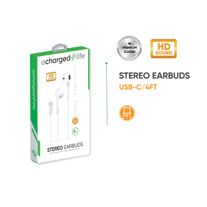CL306 - A Charged Life Earbuds Wired USB-C w/Built-in Mic 4Ft White