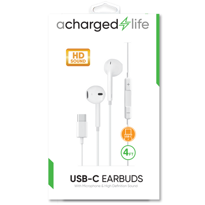 CL306 - A Charged Life Earbuds Wired USB-C w/Built-in Mic 4Ft White