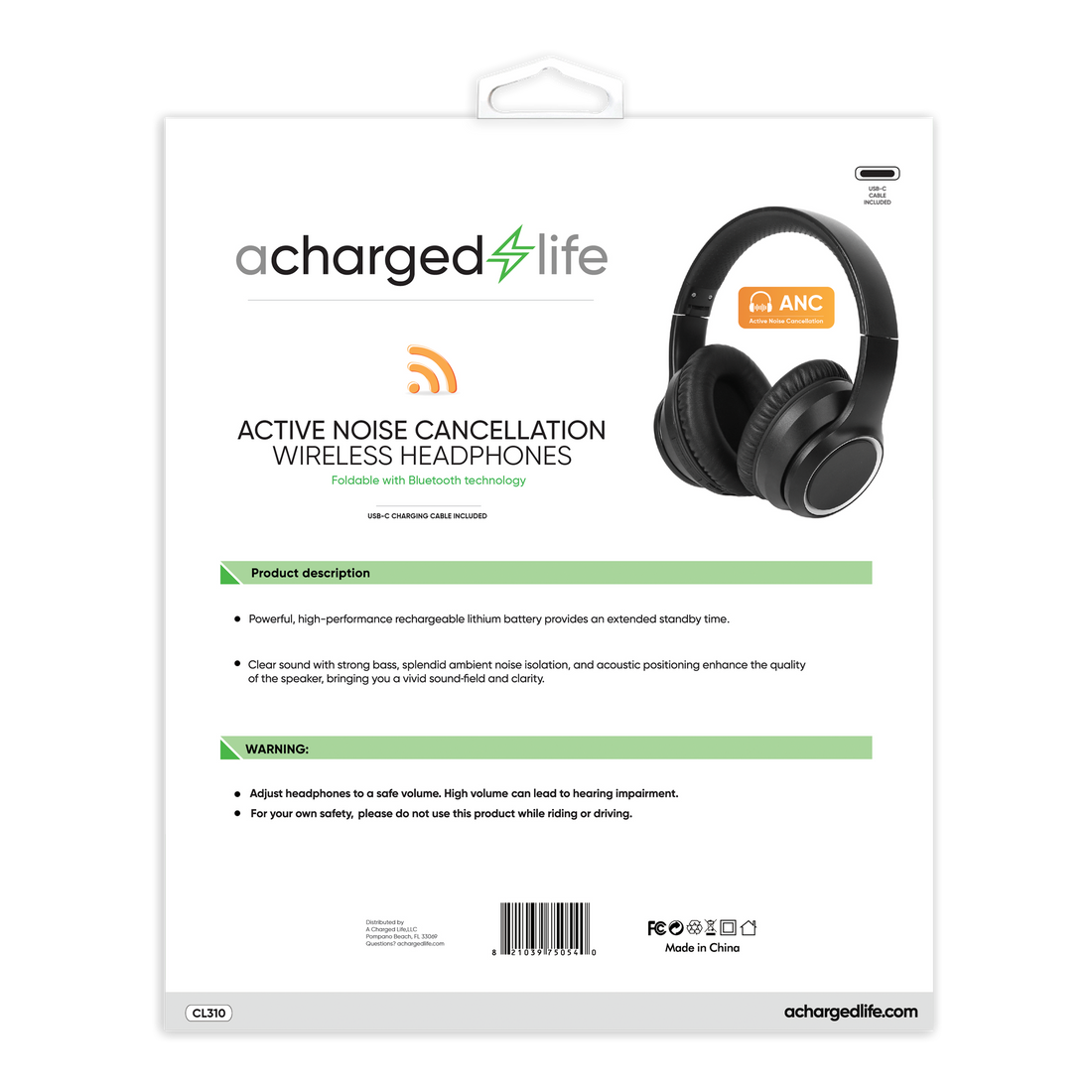 CL310 - A Charged Life Headphones Stereo Wireless - Black ANC (Bose Type)