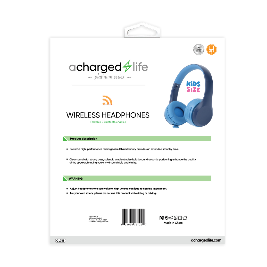 CL315 - A Charged Life Headphones Stereo Wireless Kids - Blue