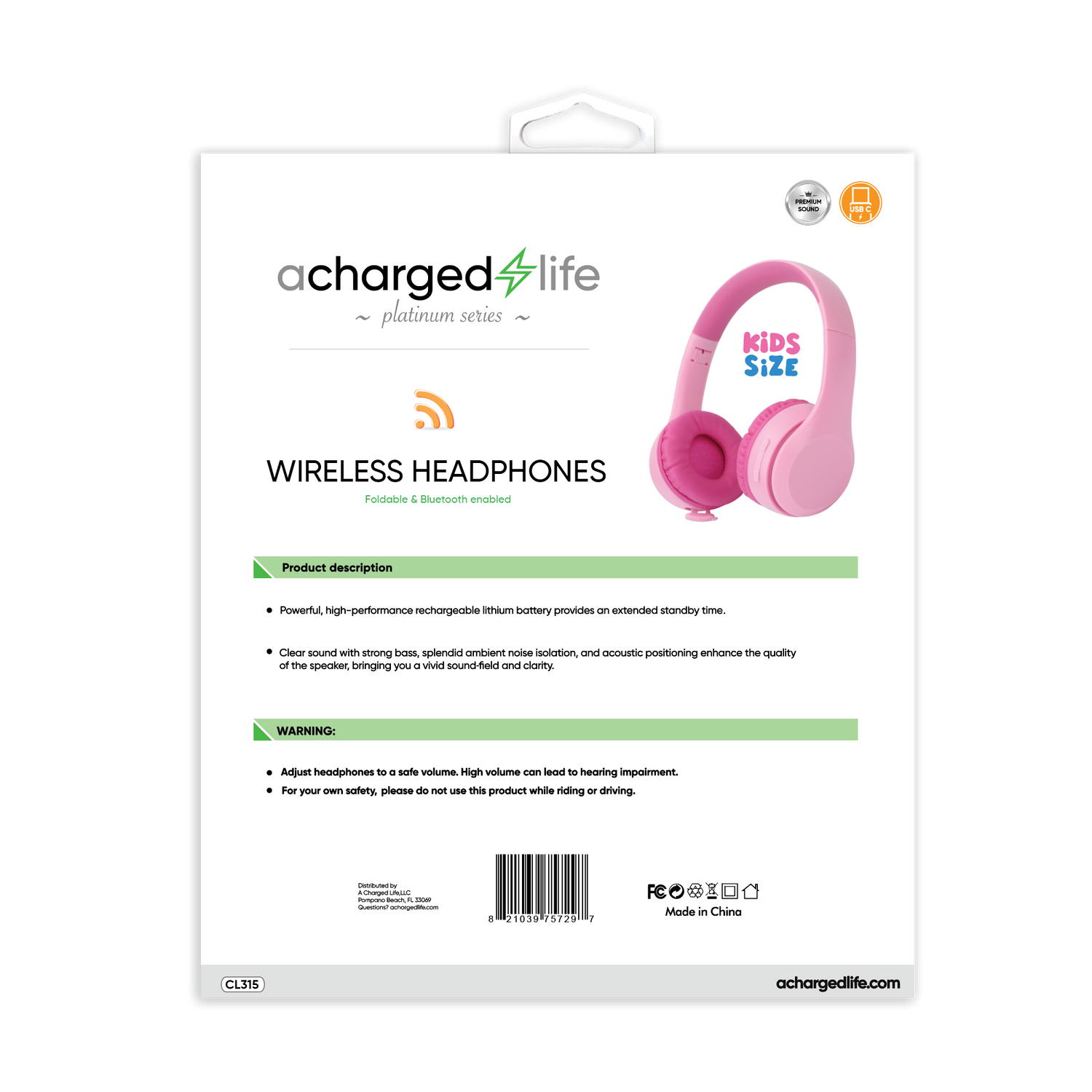 CL316 - A Charged Life Headphones Stereo Wireless Kids - Pink