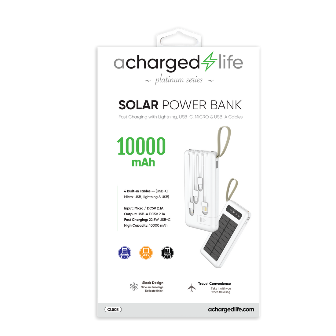CL503 - A Charged Life Power Bank 10000mAh Solar Charger 4 Cables