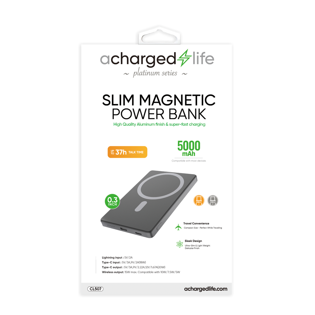 CL507 - A Charged Life Power Bank 5000mAh Magnetic - Aluminum Slim