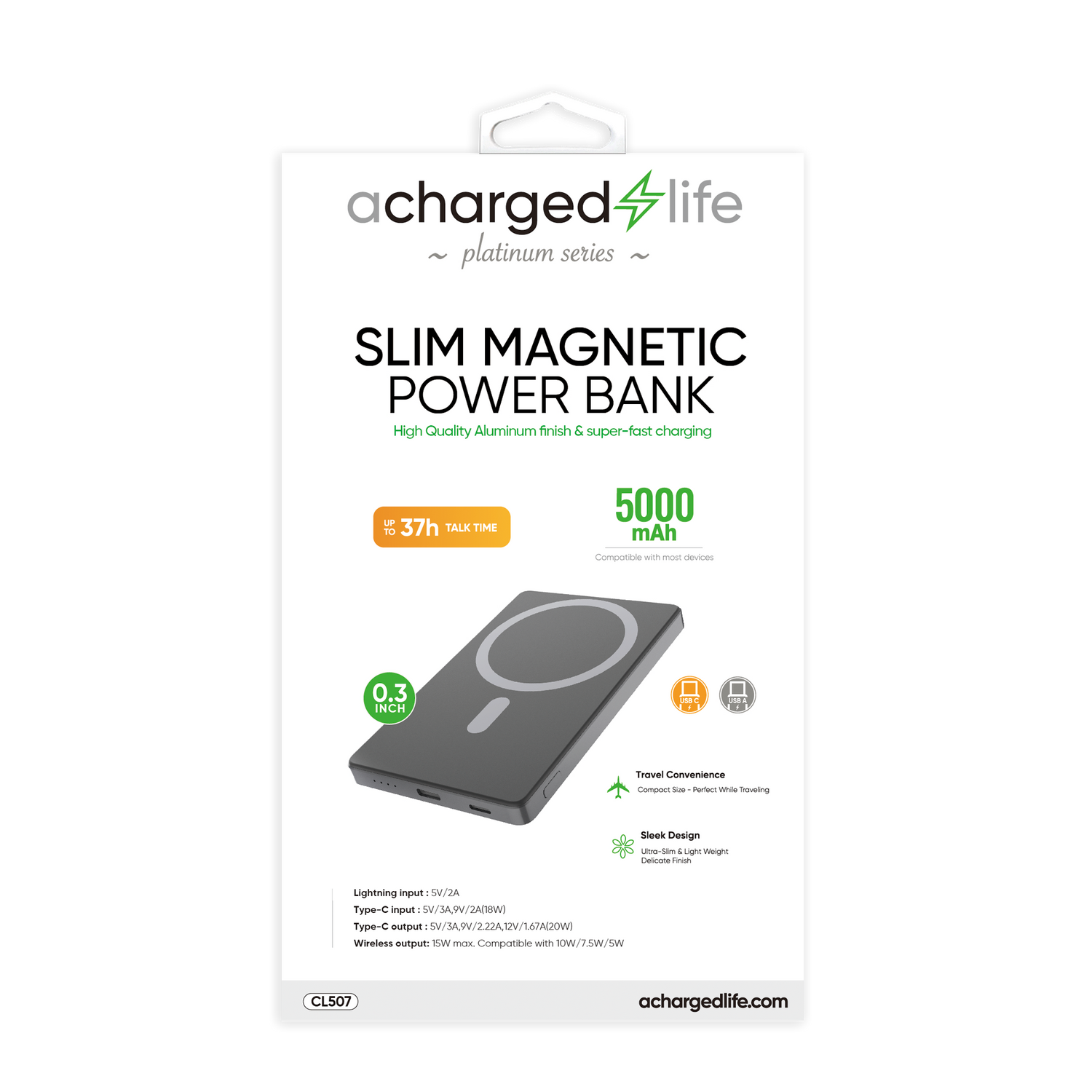 CL507 - A Charged Life Power Bank 5000mAh Magnetic - Aluminum Slim