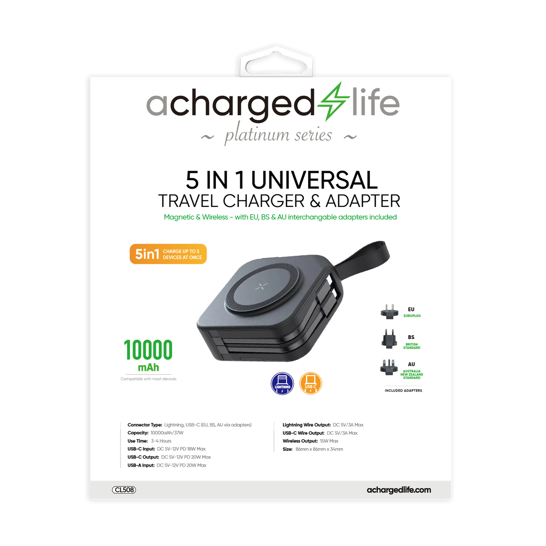 CL508 - A Charged Life Power Bank 10000mAh &amp; 5 in 1 Adapter