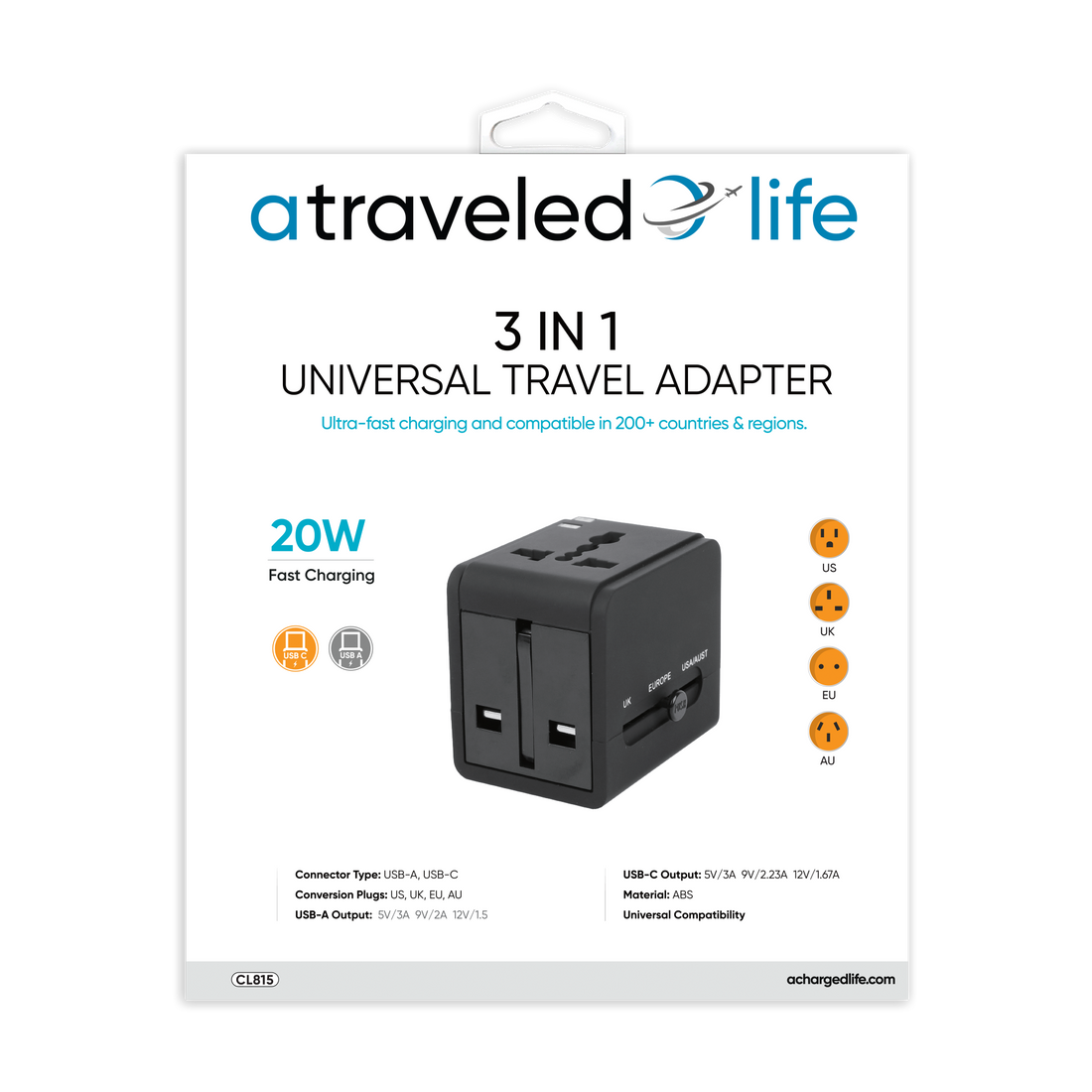 CL815- A Traveled Life Travel Adapter 20W - 1 USBA / 1 USBC