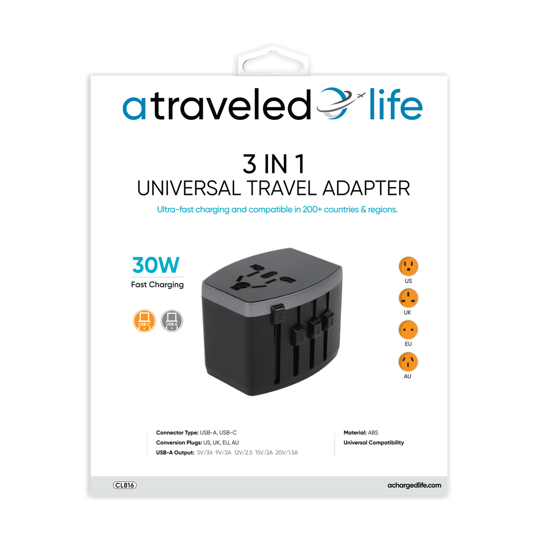 CL816- A Traveled Life Travel Adapter PD 30W - 1 USBA / 1 USBC