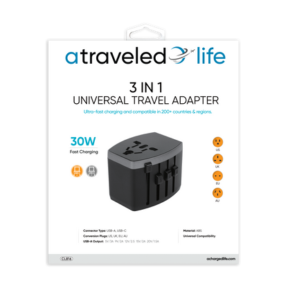 CL816- A Traveled Life Travel Adapter PD 30W - 1 USBA / 1 USBC