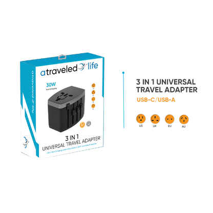 CL816- A Traveled Life Travel Adapter PD 30W - 1 USBA / 1 USBC