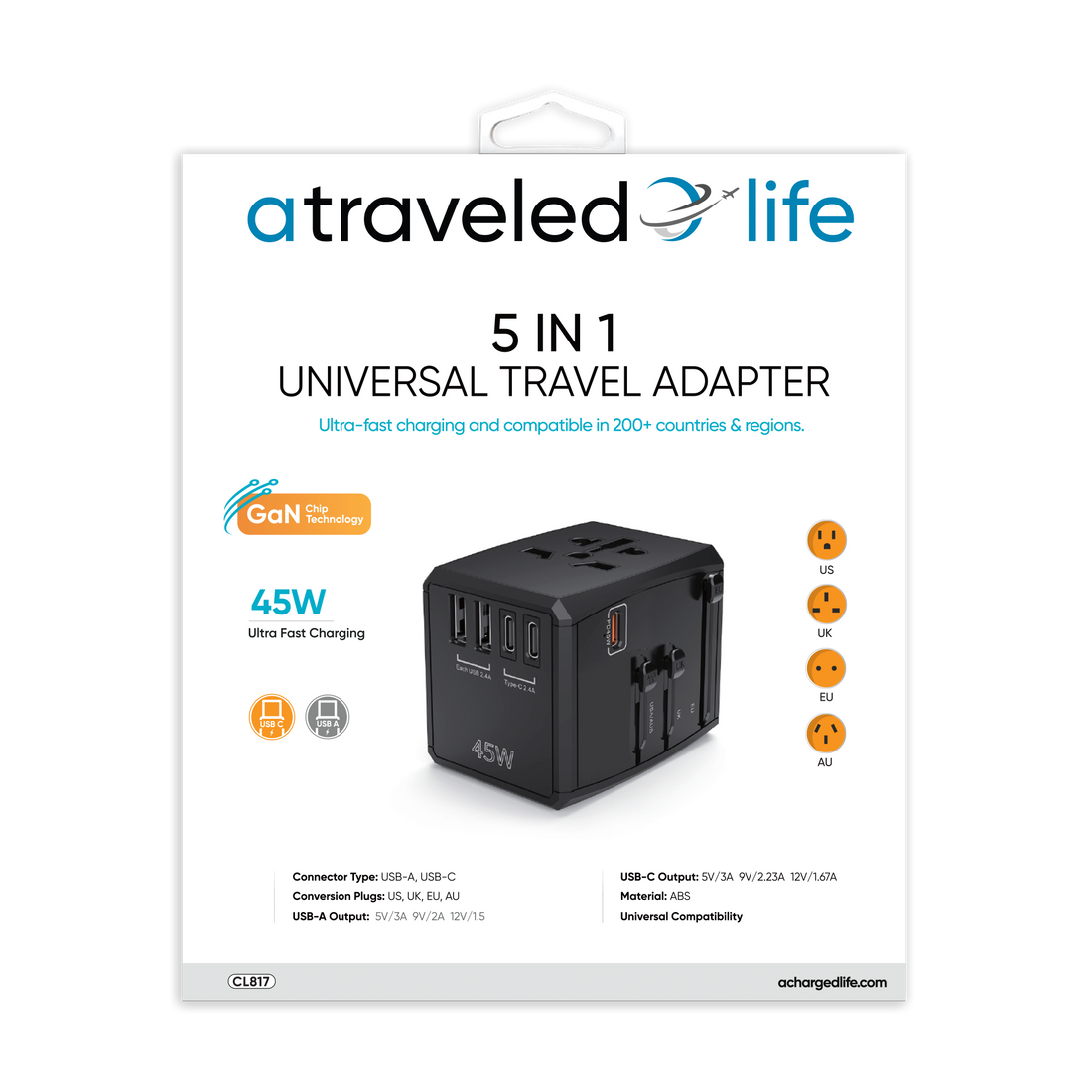 CL817- A Traveled Life Travel Adapter PD 45W - 2 USBA / 2 USBC