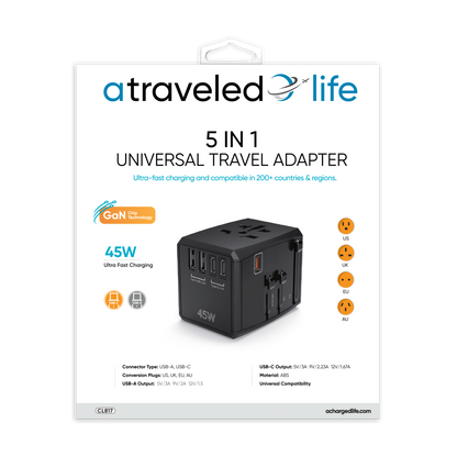 CL817- A Traveled Life Travel Adapter PD 45W - 2 USBA / 2 USBC