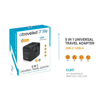 CL817- A Traveled Life Travel Adapter PD 45W - 2 USBA / 2 USBC
