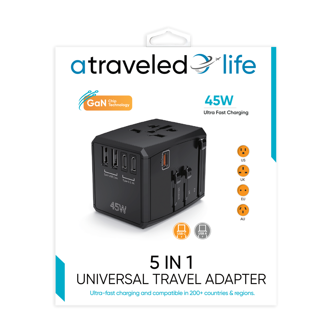 CL817- A Traveled Life Travel Adapter PD 45W - 2 USBA / 2 USBC