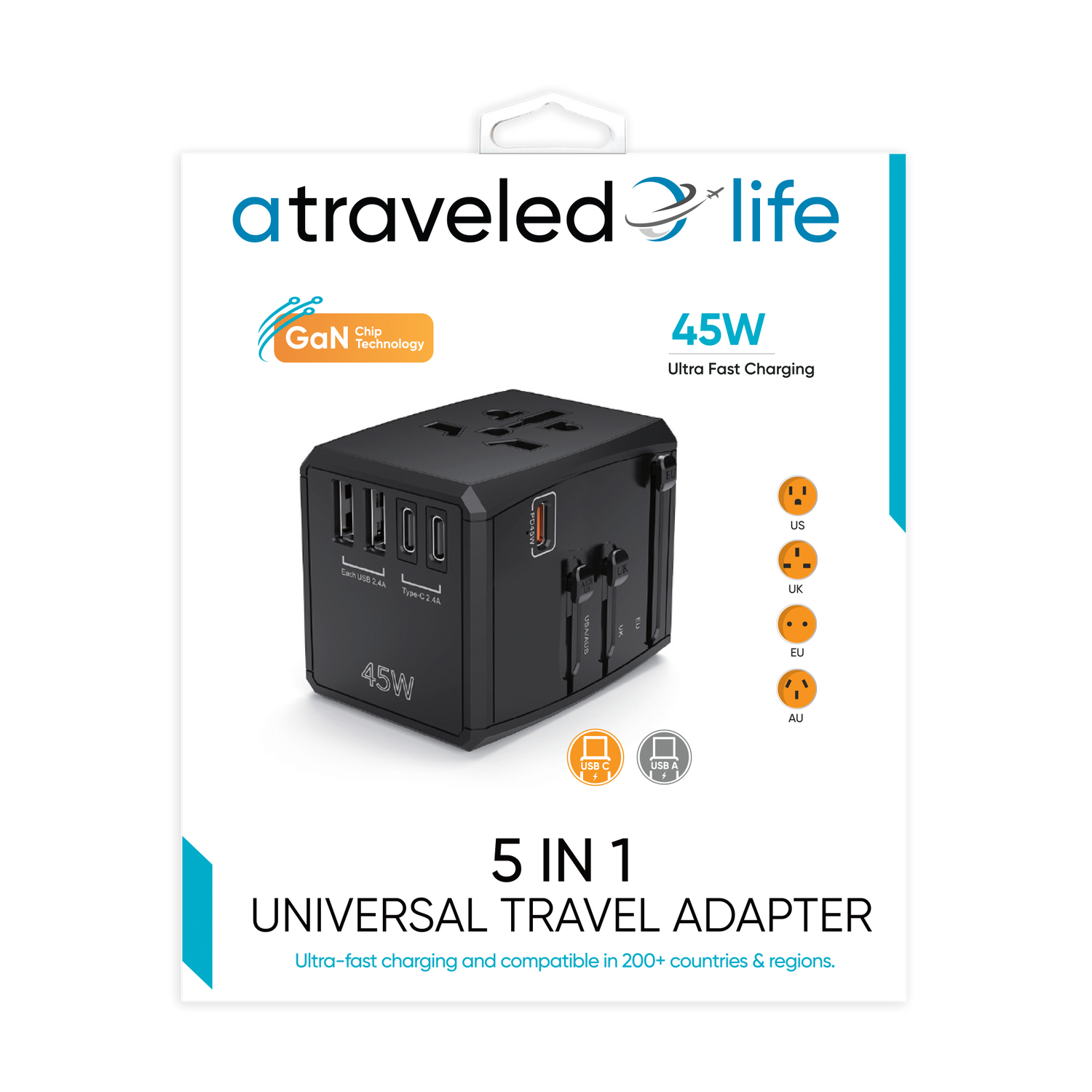 CL817- A Traveled Life Travel Adapter PD 45W - 2 USBA / 2 USBC