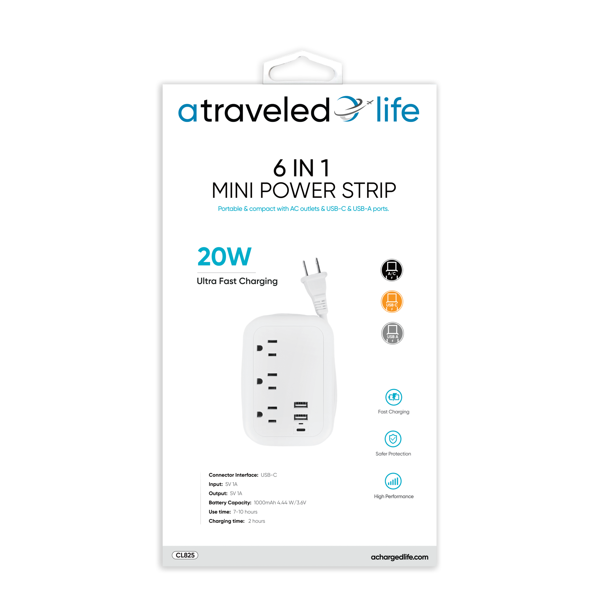 Portable USB-C Power Strip Flat Plug