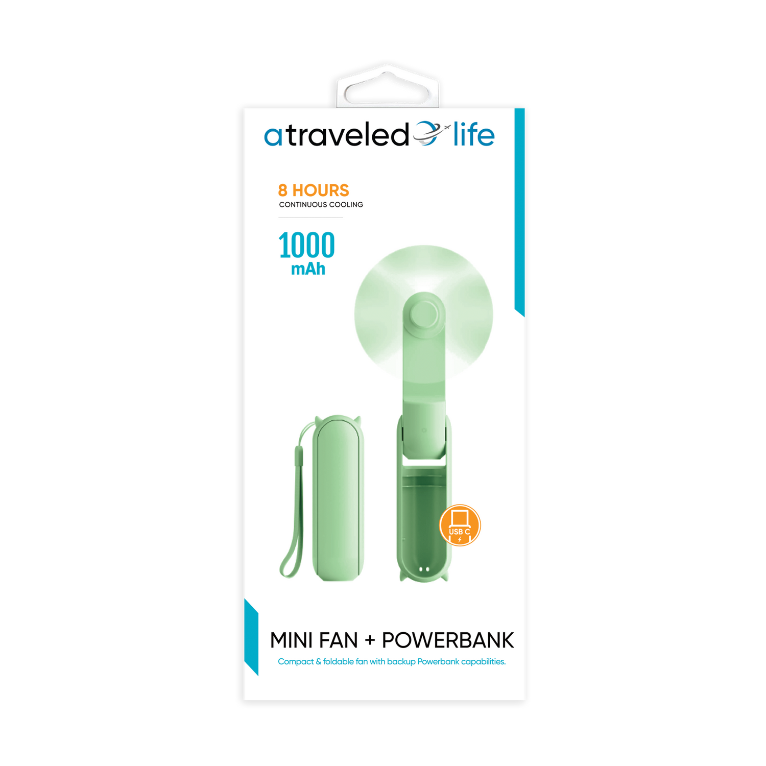 CL900 - A Traveled Life Fan Mini Foldable USB-C (Asst. Colors - Blue, Green, Pink, White)