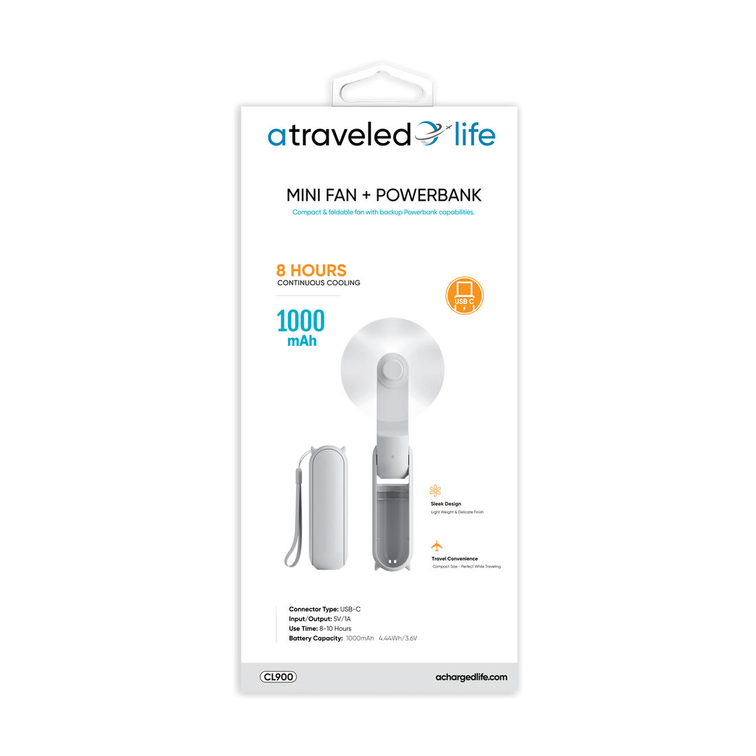 CL900 - A Traveled Life Fan Mini Foldable USB-C (Asst. Colors - Blue, Green, Pink, White)
