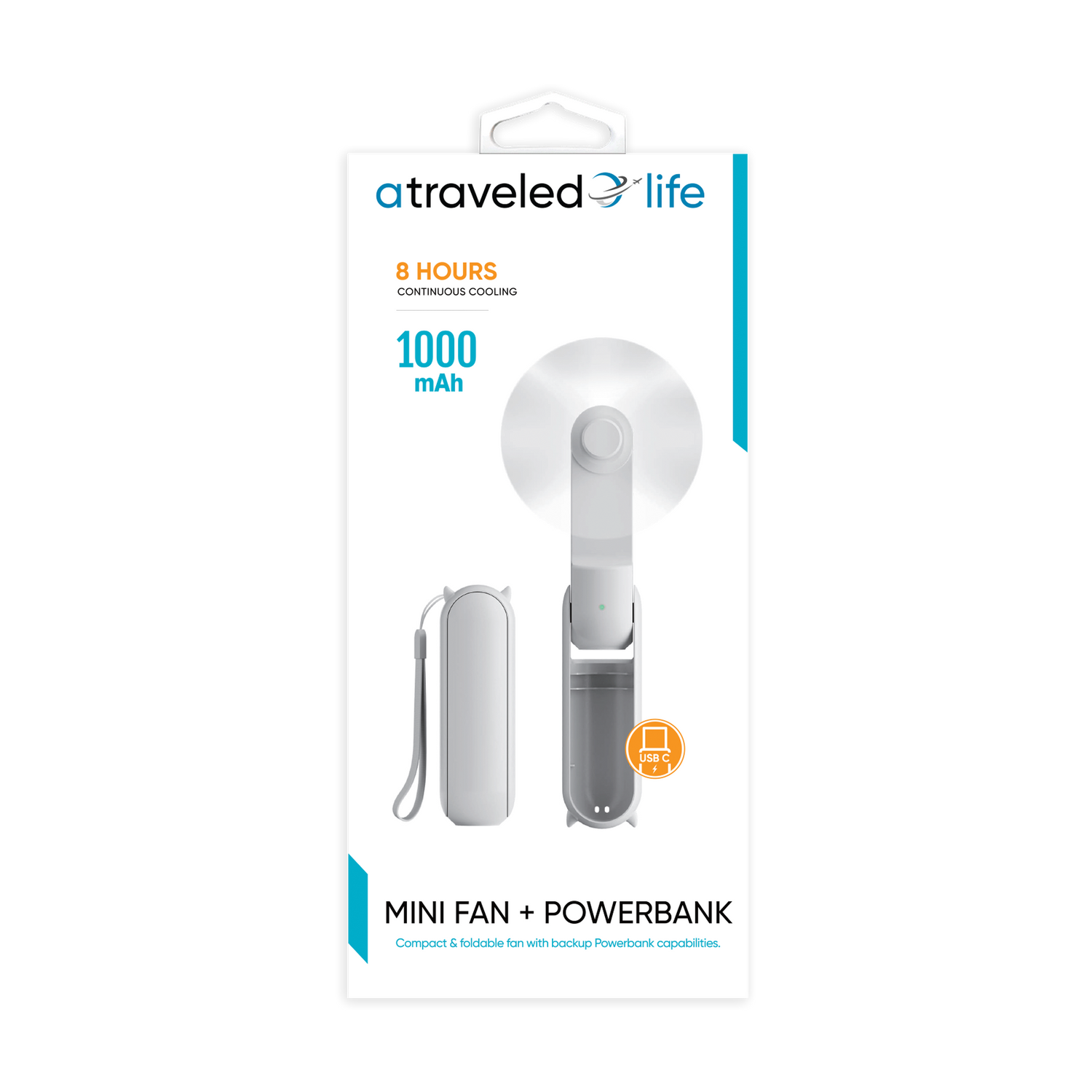 CL900 - A Traveled Life Fan Mini Foldable USB-C (Asst. Colors - Blue, Green, Pink, White)