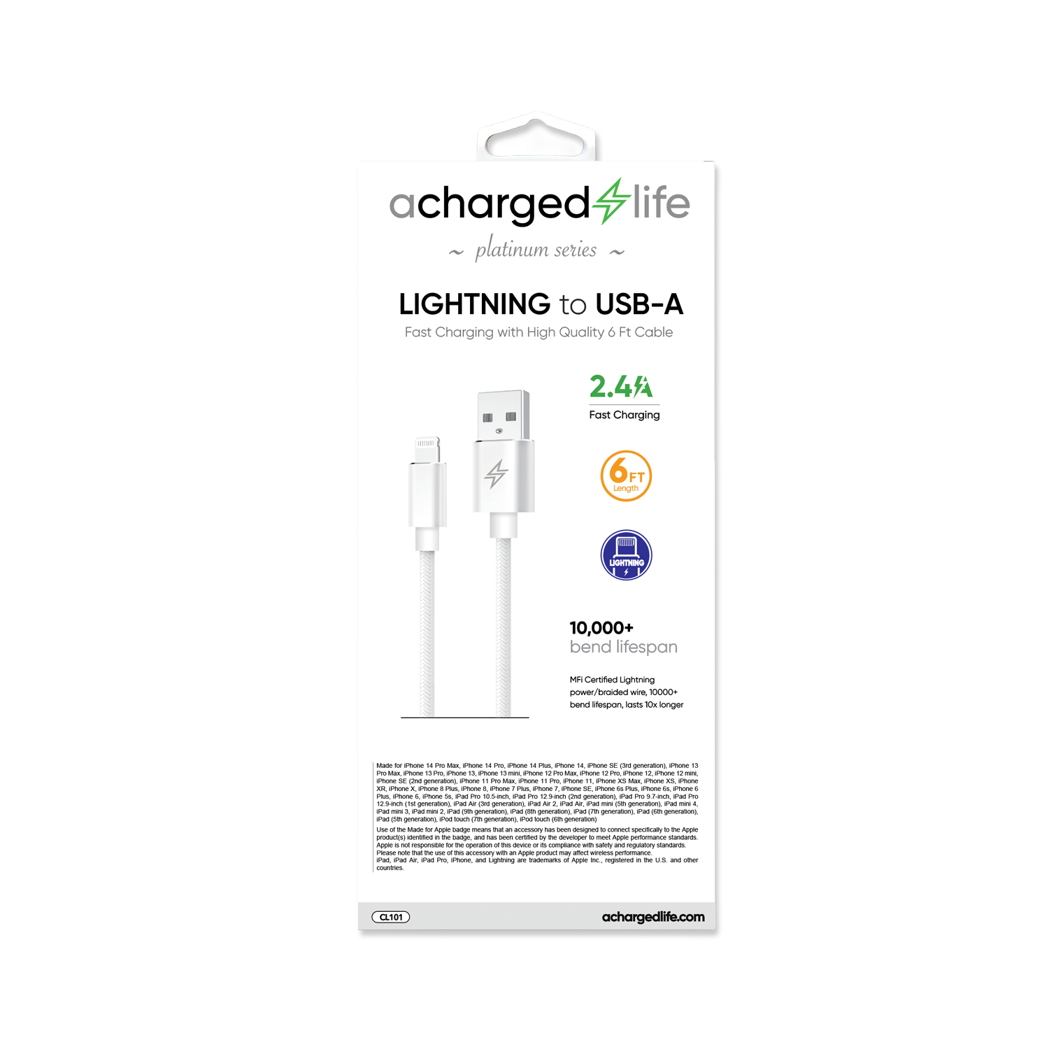 Charging Cable Lightning 6Ft (MFI) White