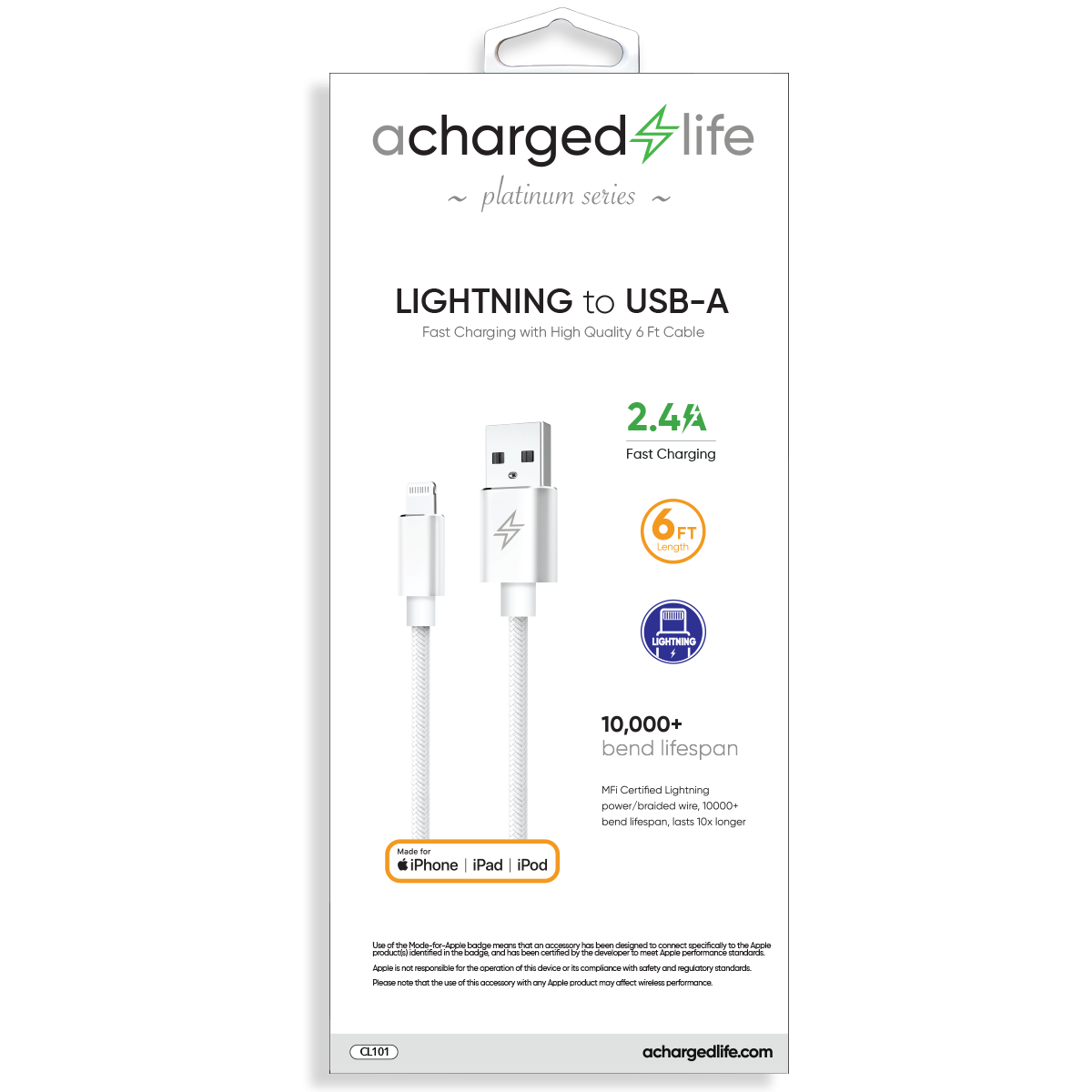 CL101 - Charging Cable Lightning 6Ft (MFI) White (PLATINUM SERIES)