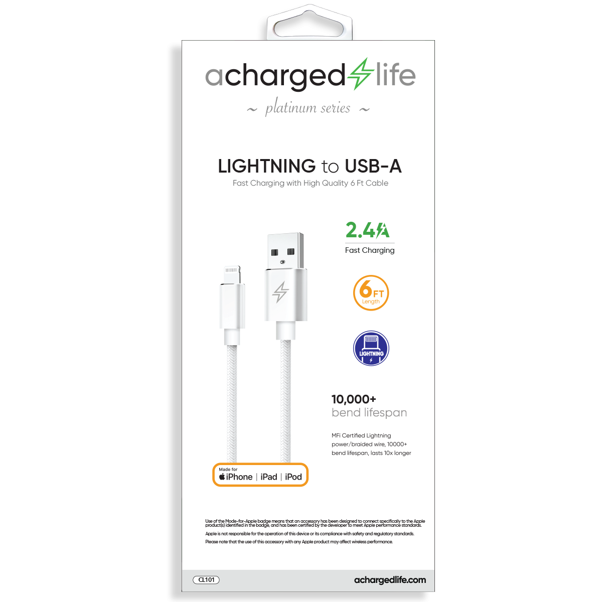 Charging Cable Lightning 6Ft (MFI) White