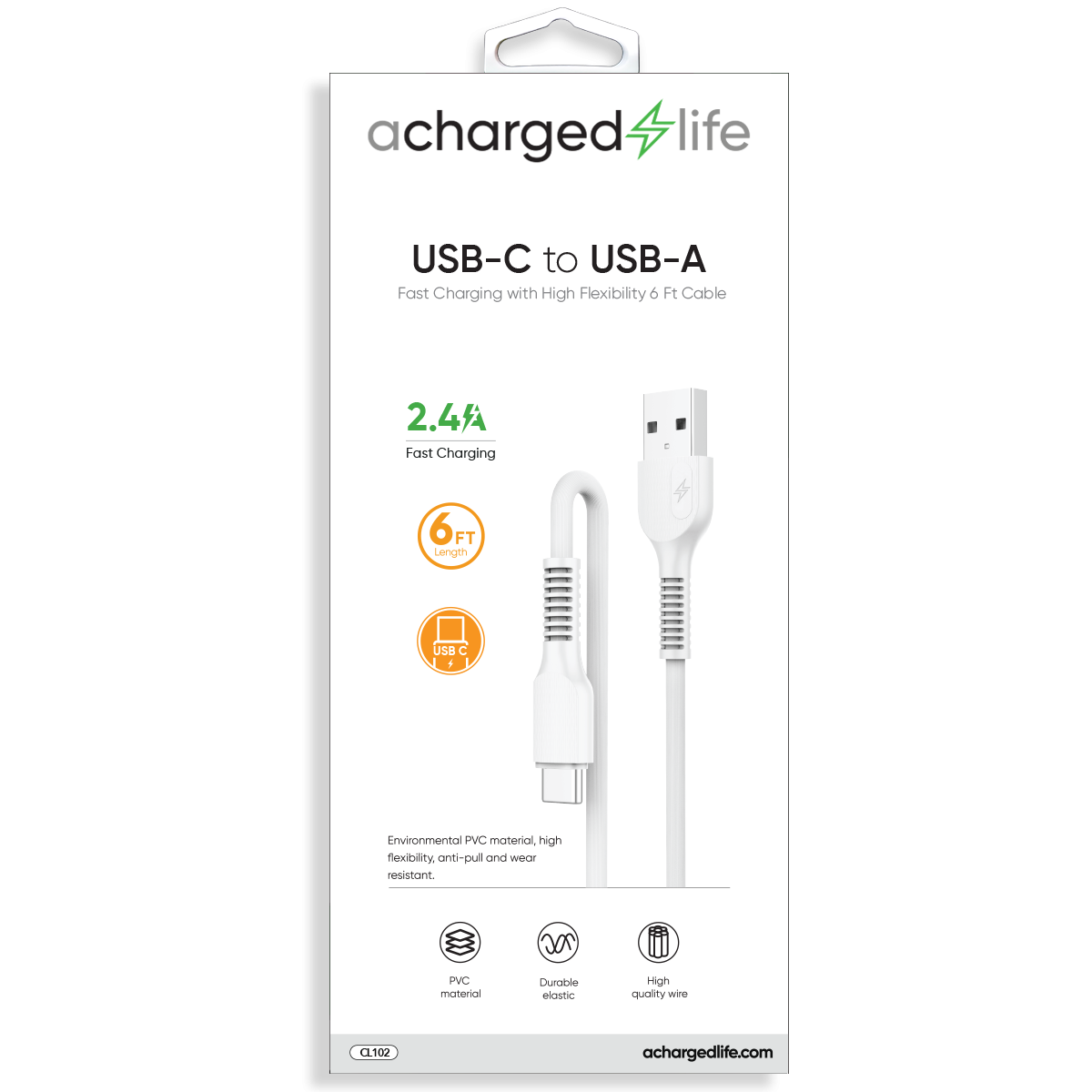 CL102 - Fast Charging Cable USB-C 6Ft White