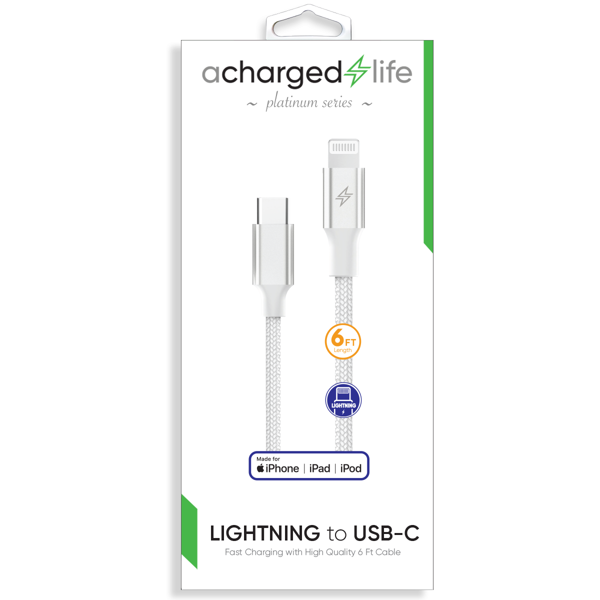 CL103 - Charging Cable USB-C to Lightning 30W PD 6Ft (MFI) White (PLATINUM SERIES)