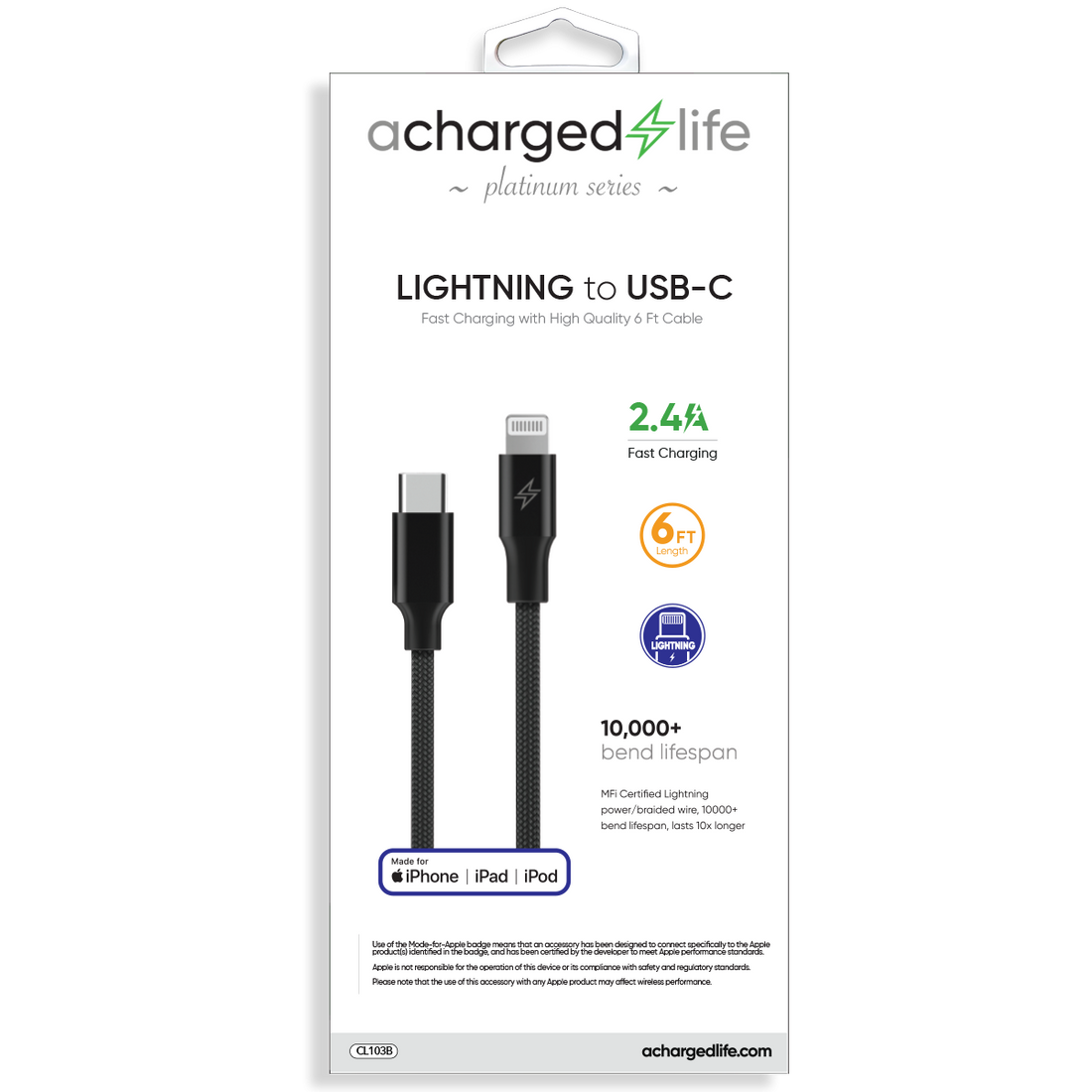 CL103B - Charging Cable USB-C to Lightning 30W PD 6Ft (MFI) Black (PLATINUM SERIES)