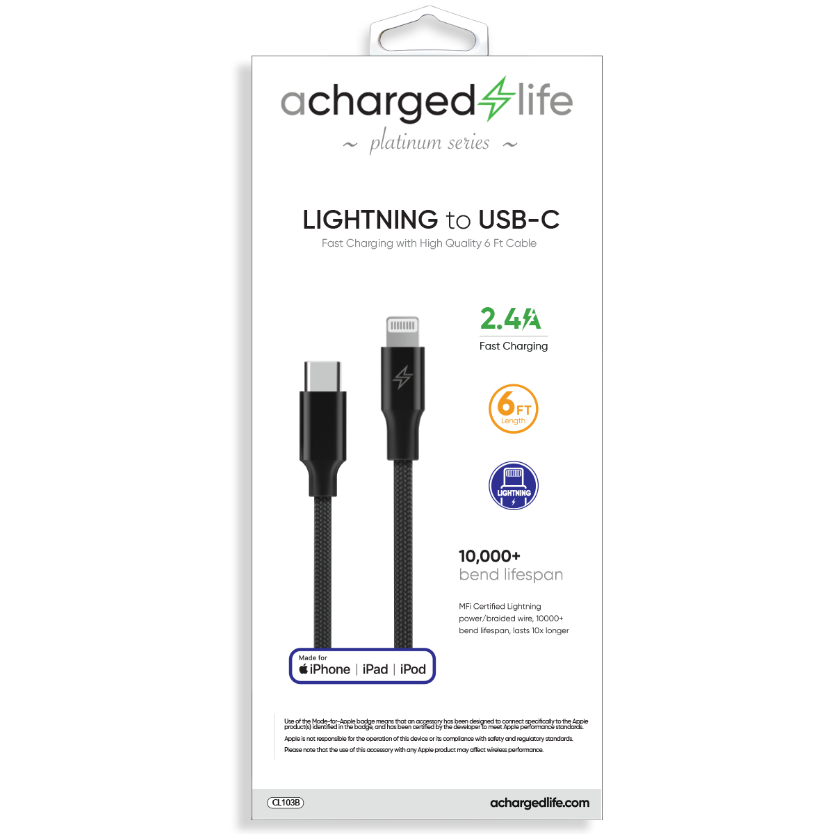 CL103B - Charging Cable USB-C to Lightning 30W PD 6Ft (MFI) Black (PLATINUM SERIES)