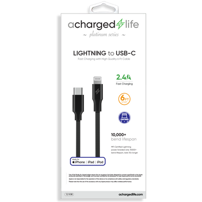 CL103B - Charging Cable USB-C to Lightning 30W PD 6Ft (MFI) Black (PLATINUM SERIES)