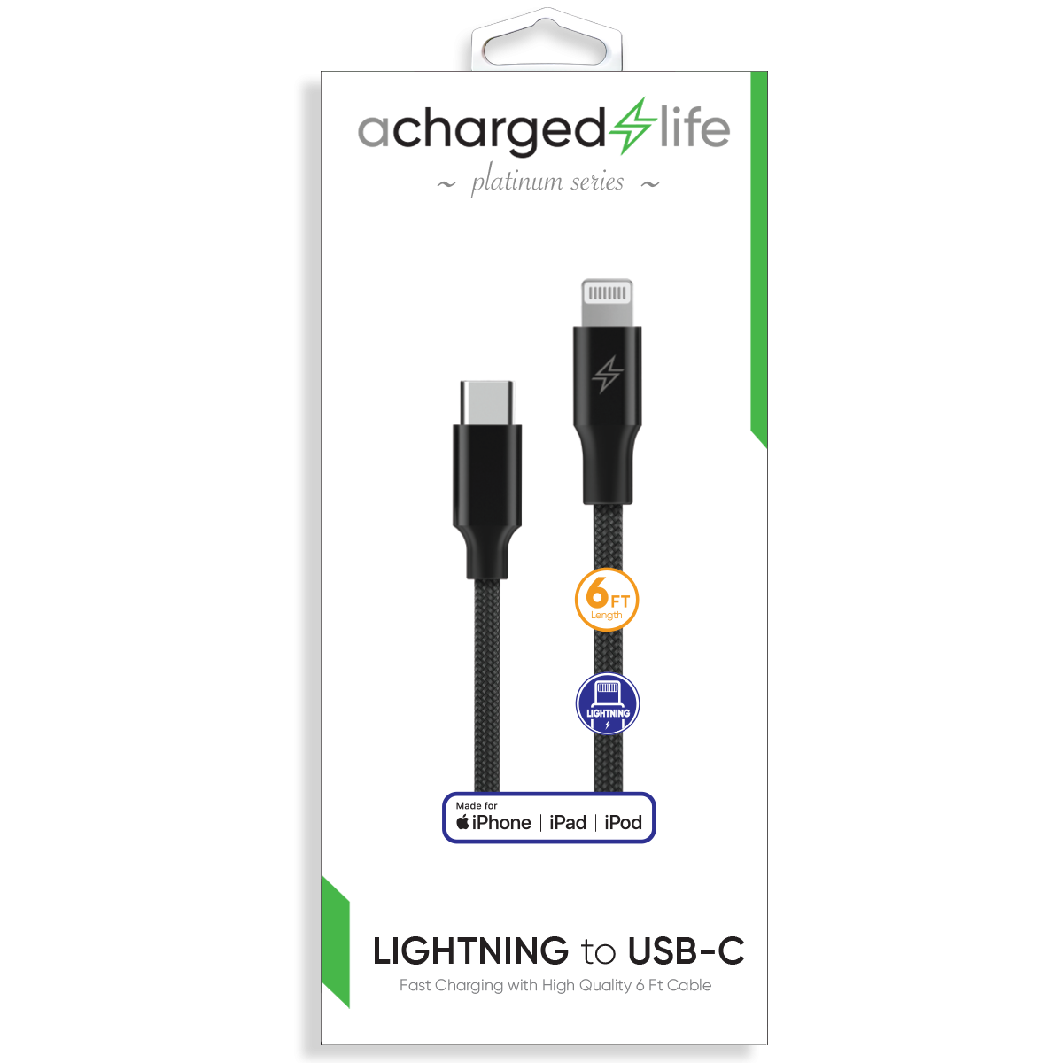 CL103B - Charging Cable USB-C to Lightning 30W PD 6Ft (MFI) Black (PLATINUM SERIES)