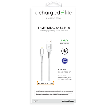 CL106 - Charging Cable Lightning 10Ft (MFI) White (PLATINUM SERIES)