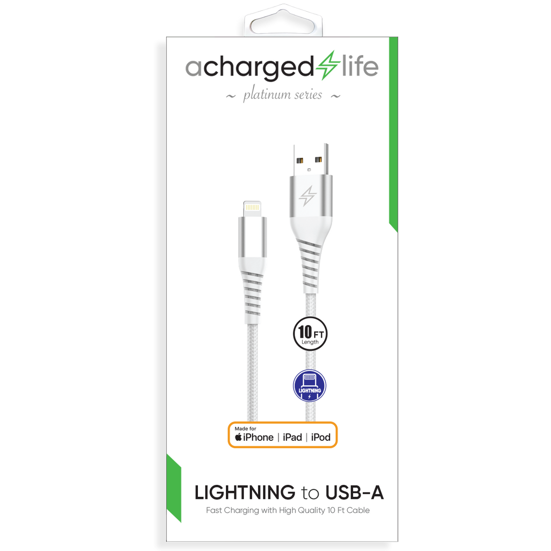 CL106 - Charging Cable Lightning 10Ft (MFI) White (PLATINUM SERIES)