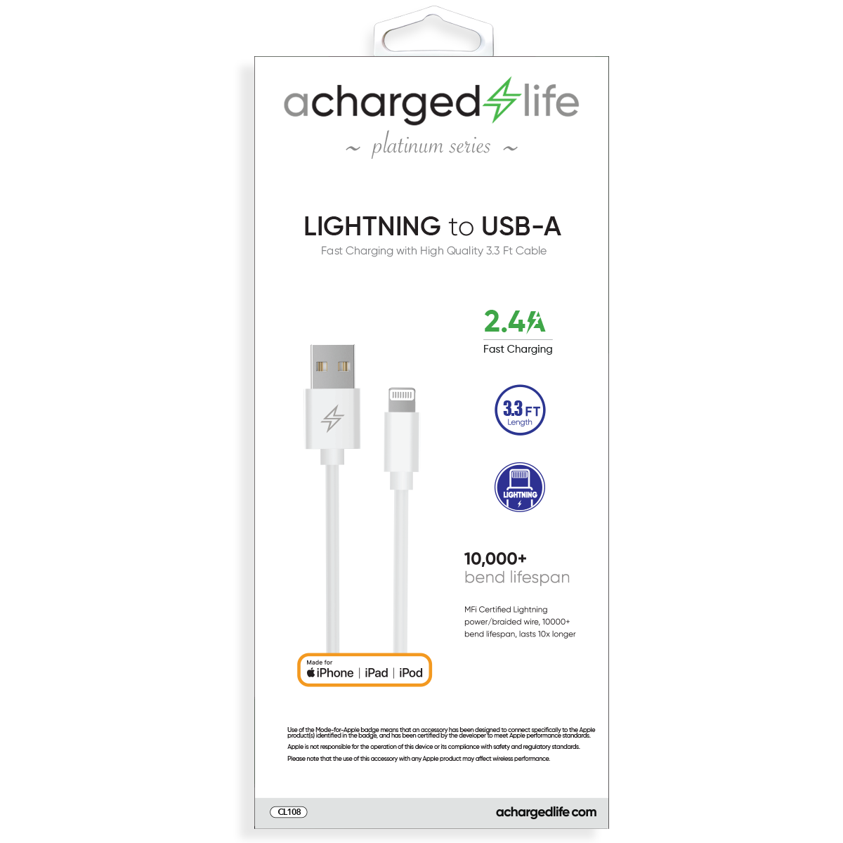 Charging Cable Lightning 3.3Ft (MFI) White