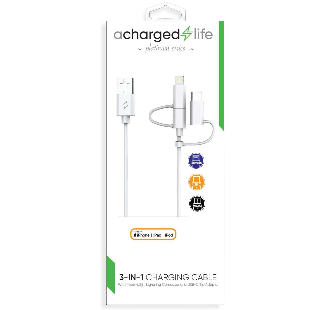 CL203 - 3-in-1 Cable (Micro,Lightning,USB-C) 3.3Ft White (PLATINUM SERIES)