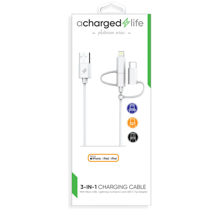 CL203 - 3-in-1 Cable (Micro,Lightning,USB-C) 3.3Ft White (PLATINUM SERIES)