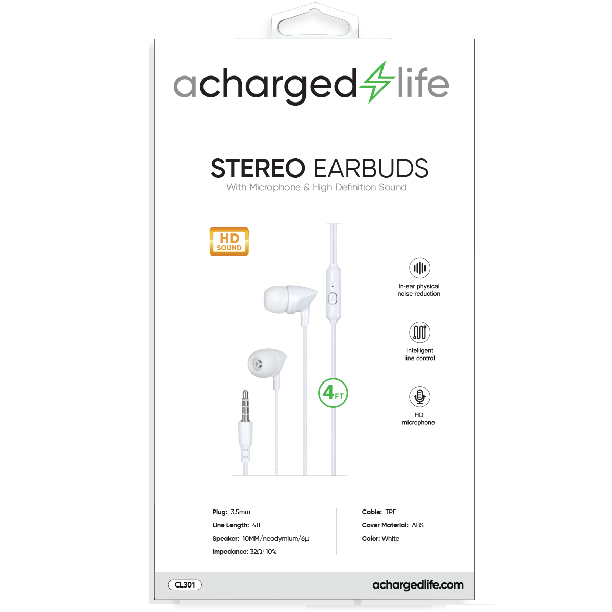 CL301 - Stereo Earbuds w/Built-in Mic 4Ft White