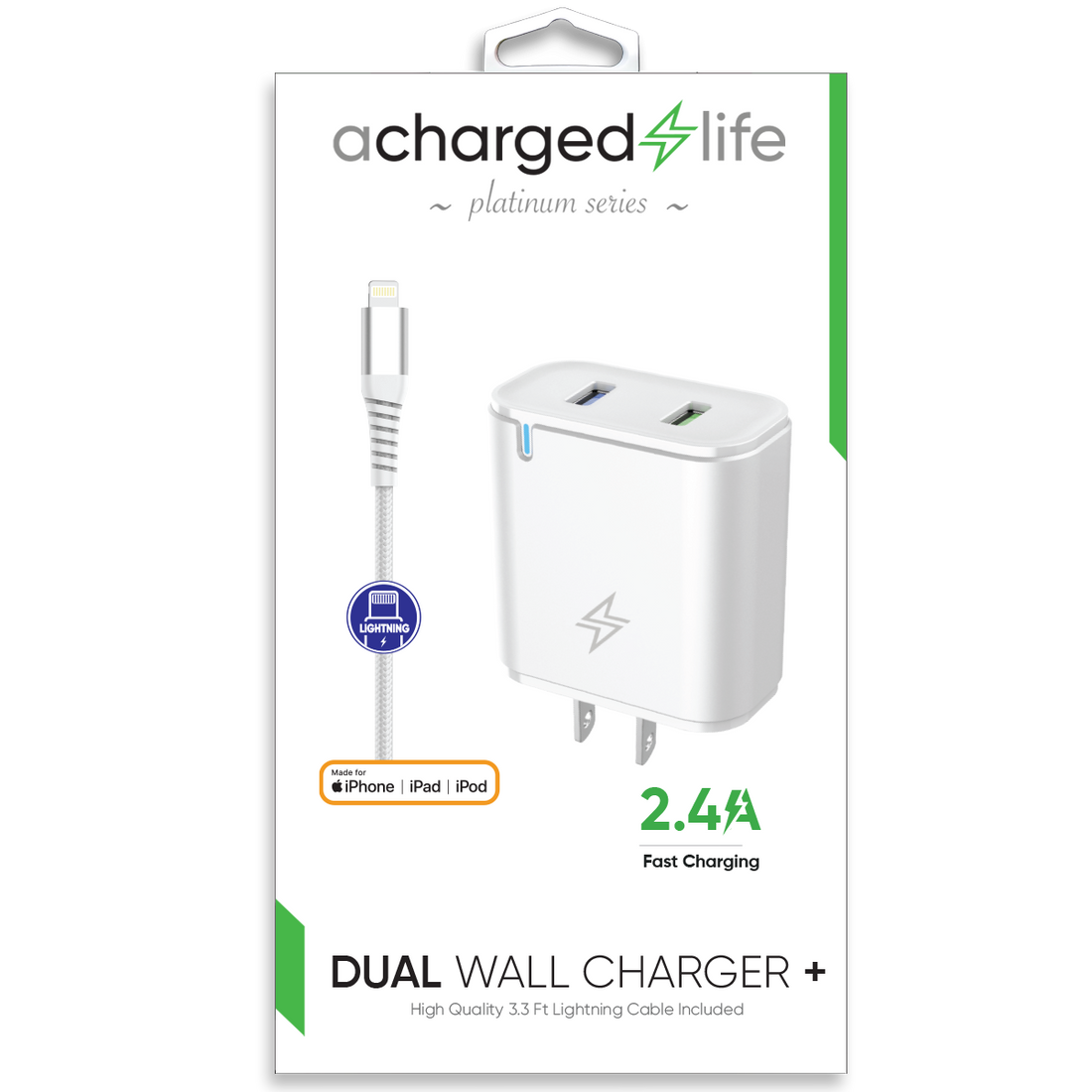 CL601 - Charging Cable Lightning 3.3Ft w/Wall Charger 2.4A (MFI) White (PLATINUM SERIES)