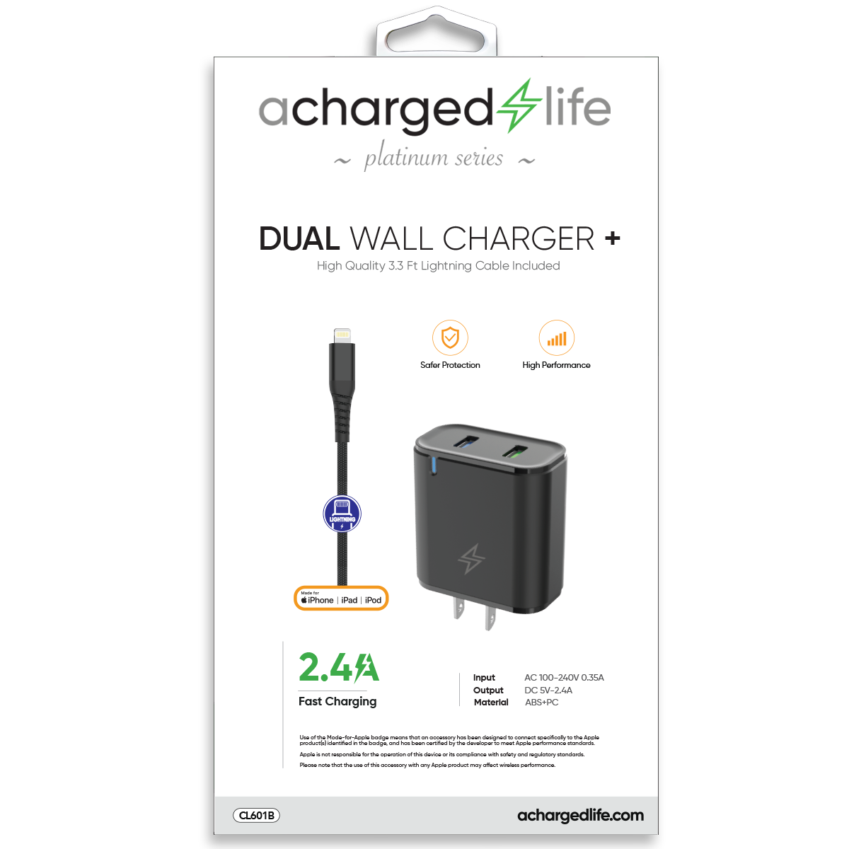 CL601B - Charging Cable Lightning 3.3Ft w/Wall Charger 2.4A (MFI) Black (PLATINUM SERIES)